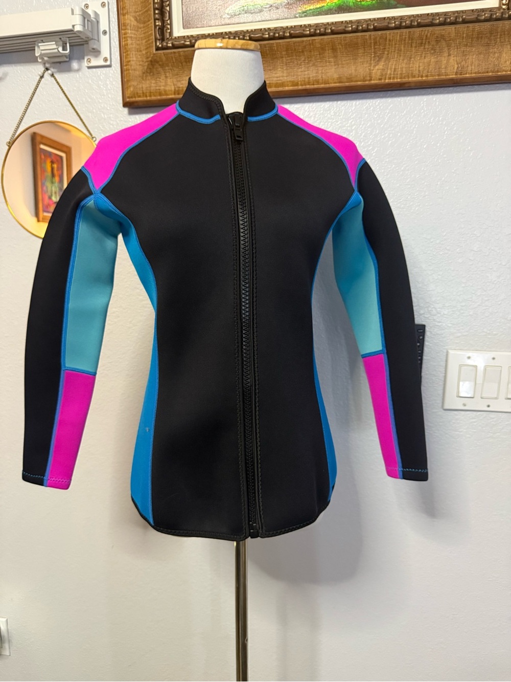 Women’s Black Neoprene Zip-Up Swim Jacket with Pink & Teal Accents